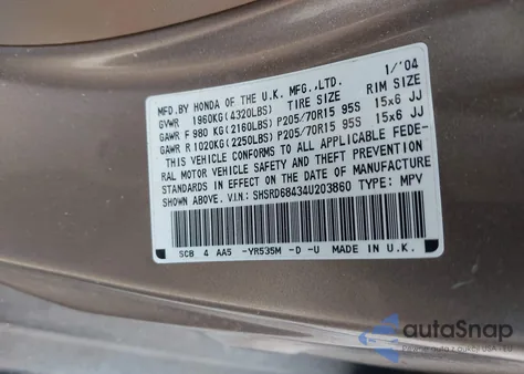 2004 Honda Cr-V Lx z USA, uszkodzony, nr VIN SHSRD68434U203860